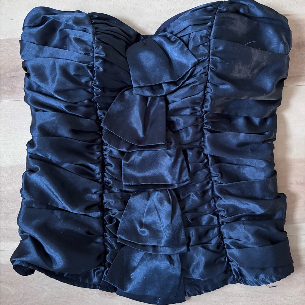 Wet Seal Sz Large Top Bustier Y2K 2000’s Navy Smocked Satin Bows Shiny